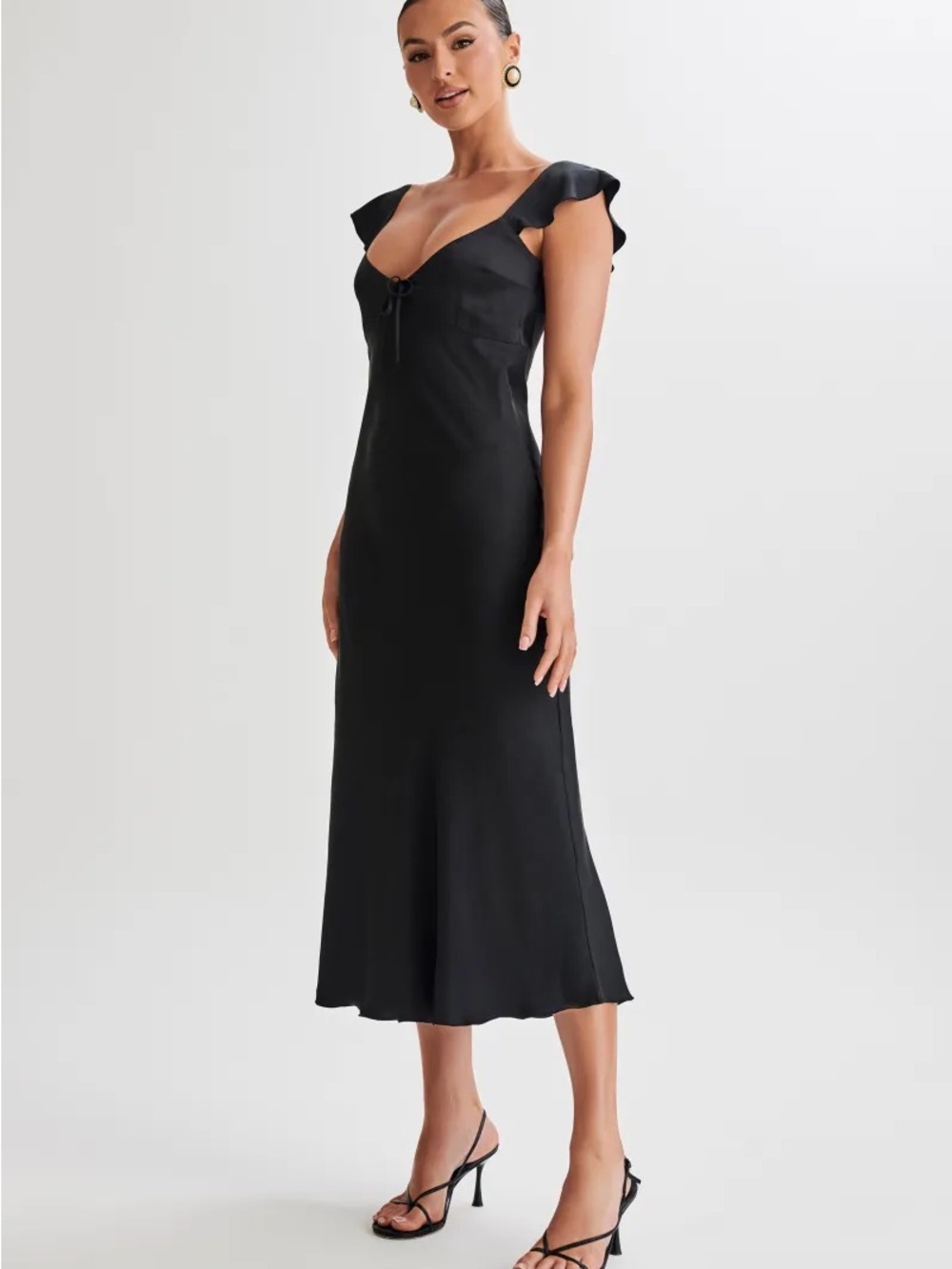 Meshki Black Midi Slip Dress with Flutter Cap Sleeves